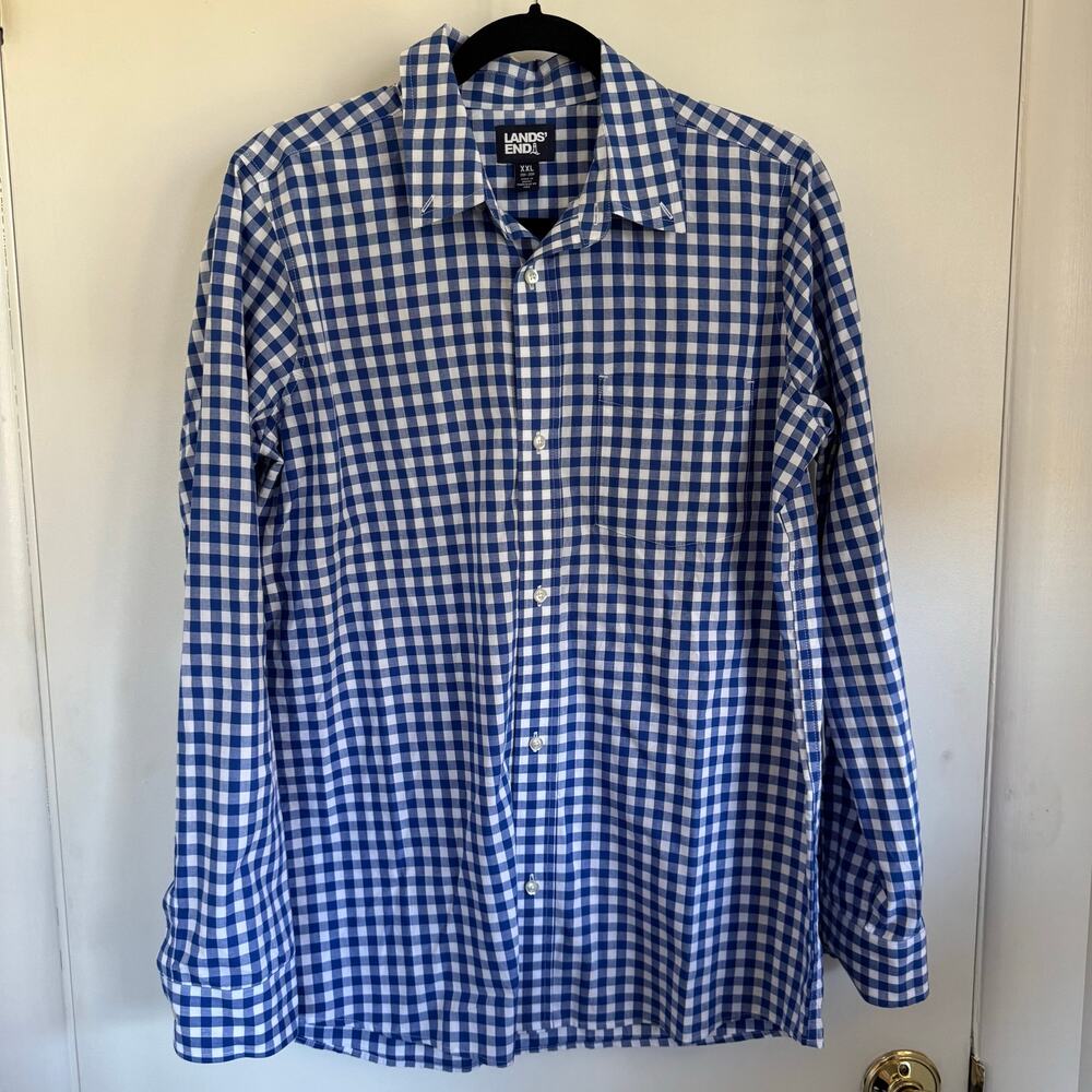 Lands End Boys Blue Checkered Gingham Long Sleeve Button Up Shirt Size 18H-20H